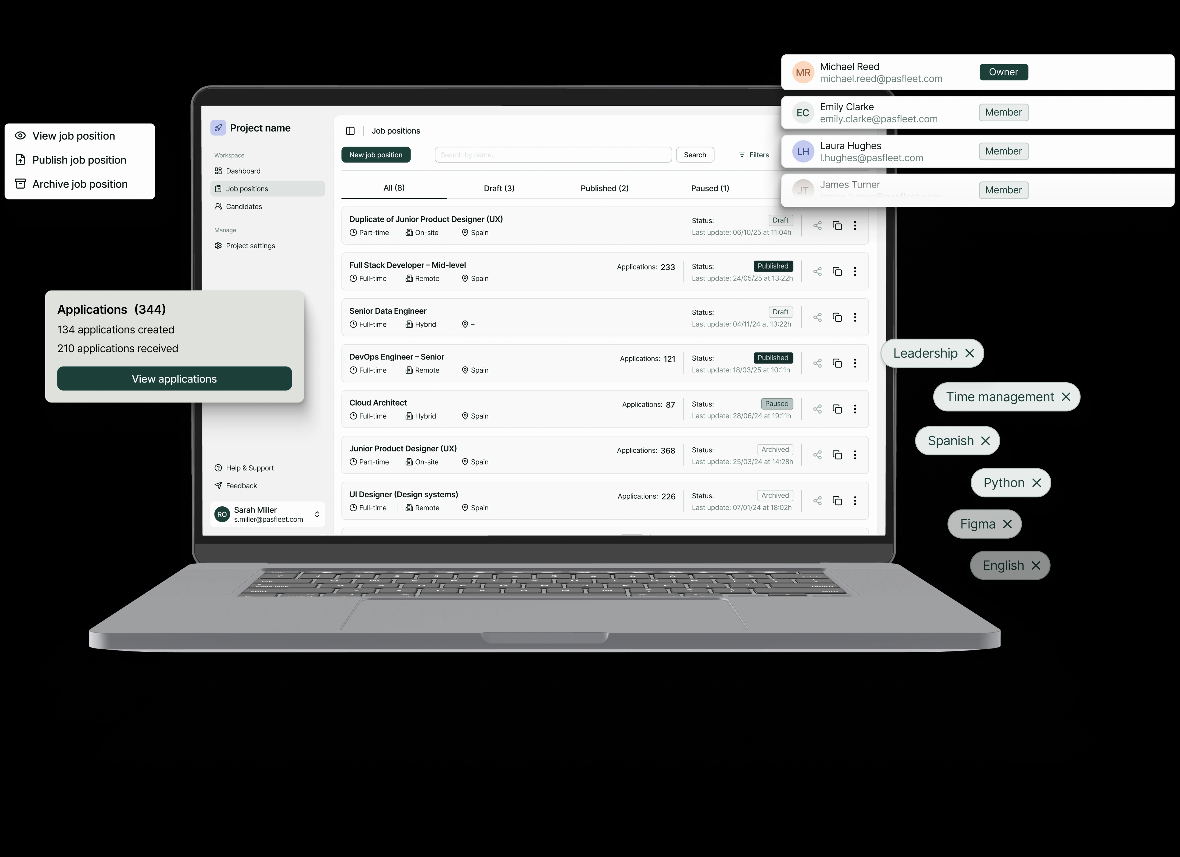 Pasfleet platform interface showing candidate management and job matching features